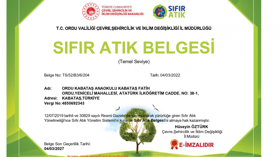 SIFIR ATIK BELGESİ